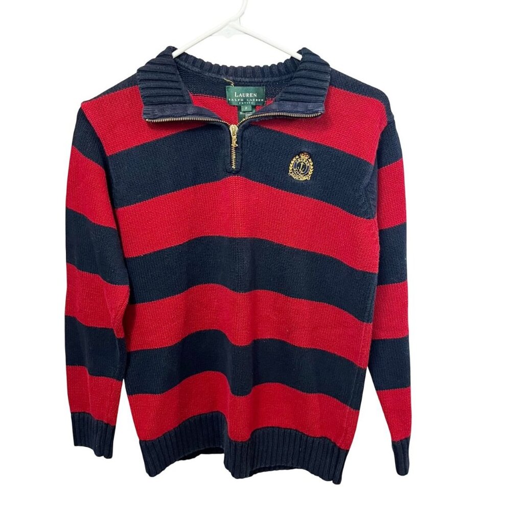 Vintage Lauren Ralph Lauren Striped Knit Quarter Zip Sweater Preppy Size P